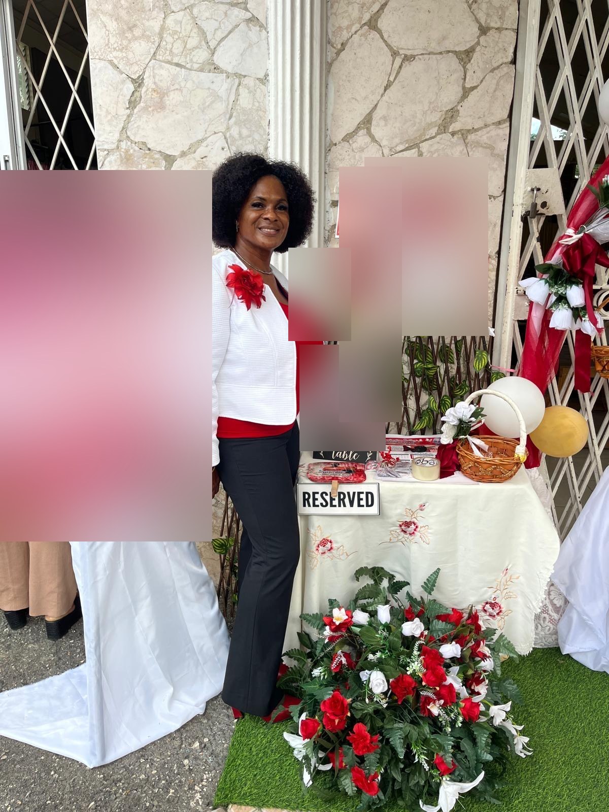 A red and white memorial display