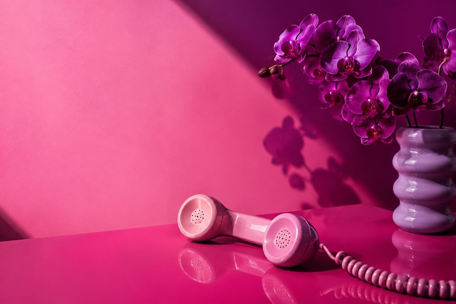 Pink telephone and purple orchids