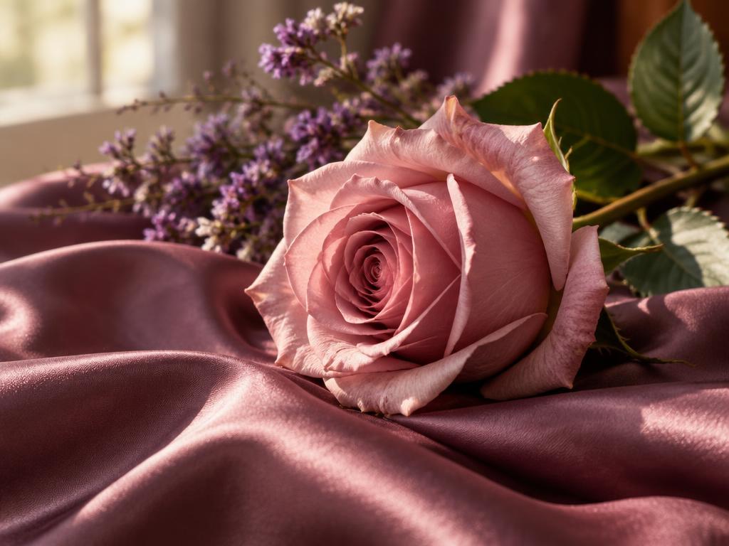Pink rose on softly folded mauve silk